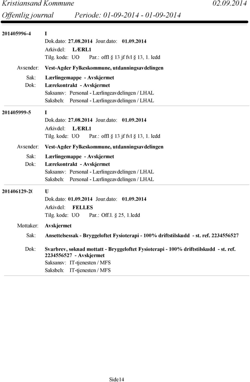 dato: 27.08.2014 Jour.dato: 01.09.2014 Arkivdel: LÆRL1 Tilg. kode: UO Par.: offl 13 jf fvl 13, 1.