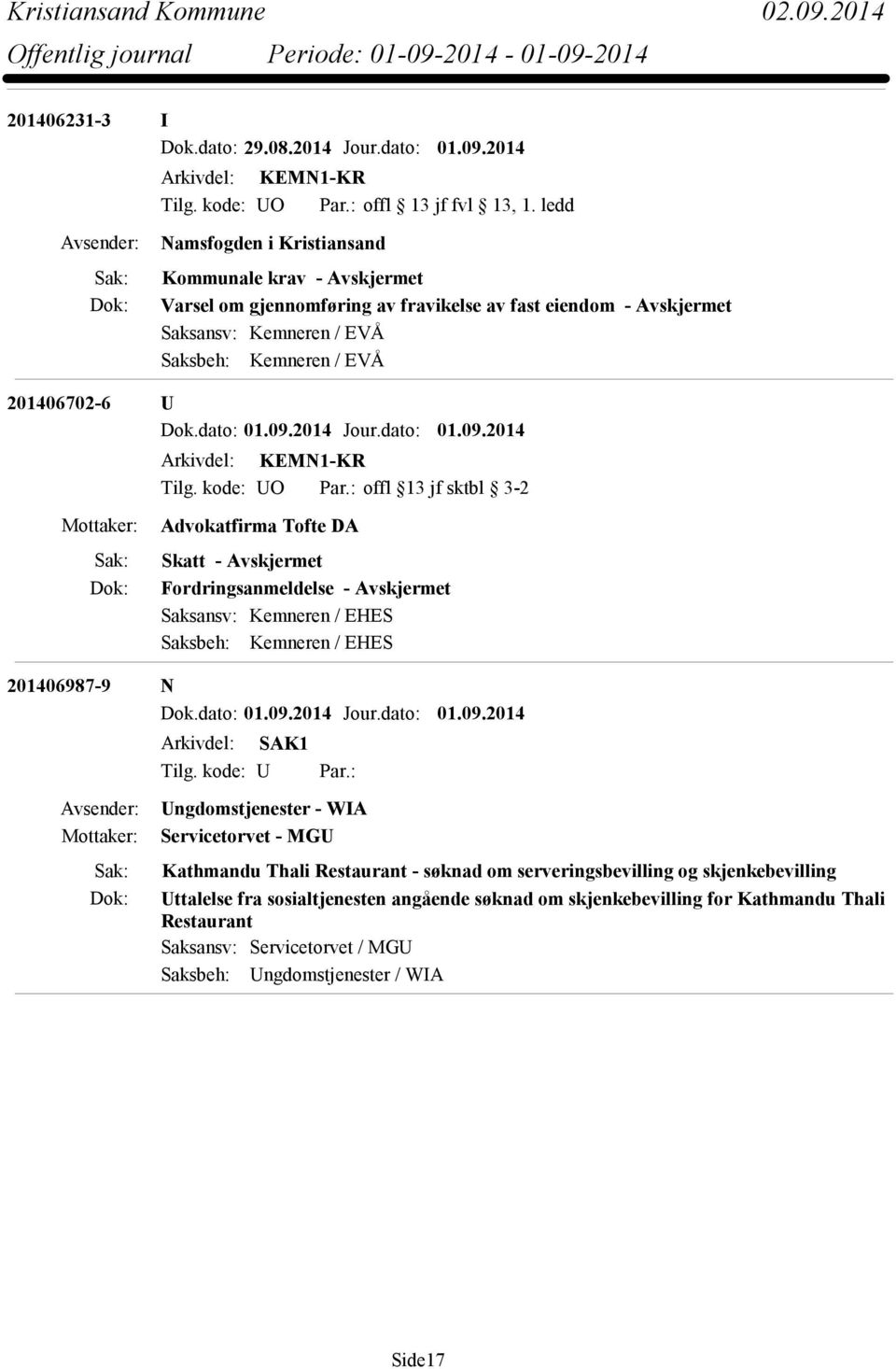 kode: UO Par.: offl 13 jf sktbl 3-2 Advokatfirma Tofte DA Skatt - Fordringsanmeldelse - Saksansv: Kemneren / EHES Saksbeh: Kemneren / EHES 201406987-9 N Arkivdel: SAK1 Tilg. kode: U Par.