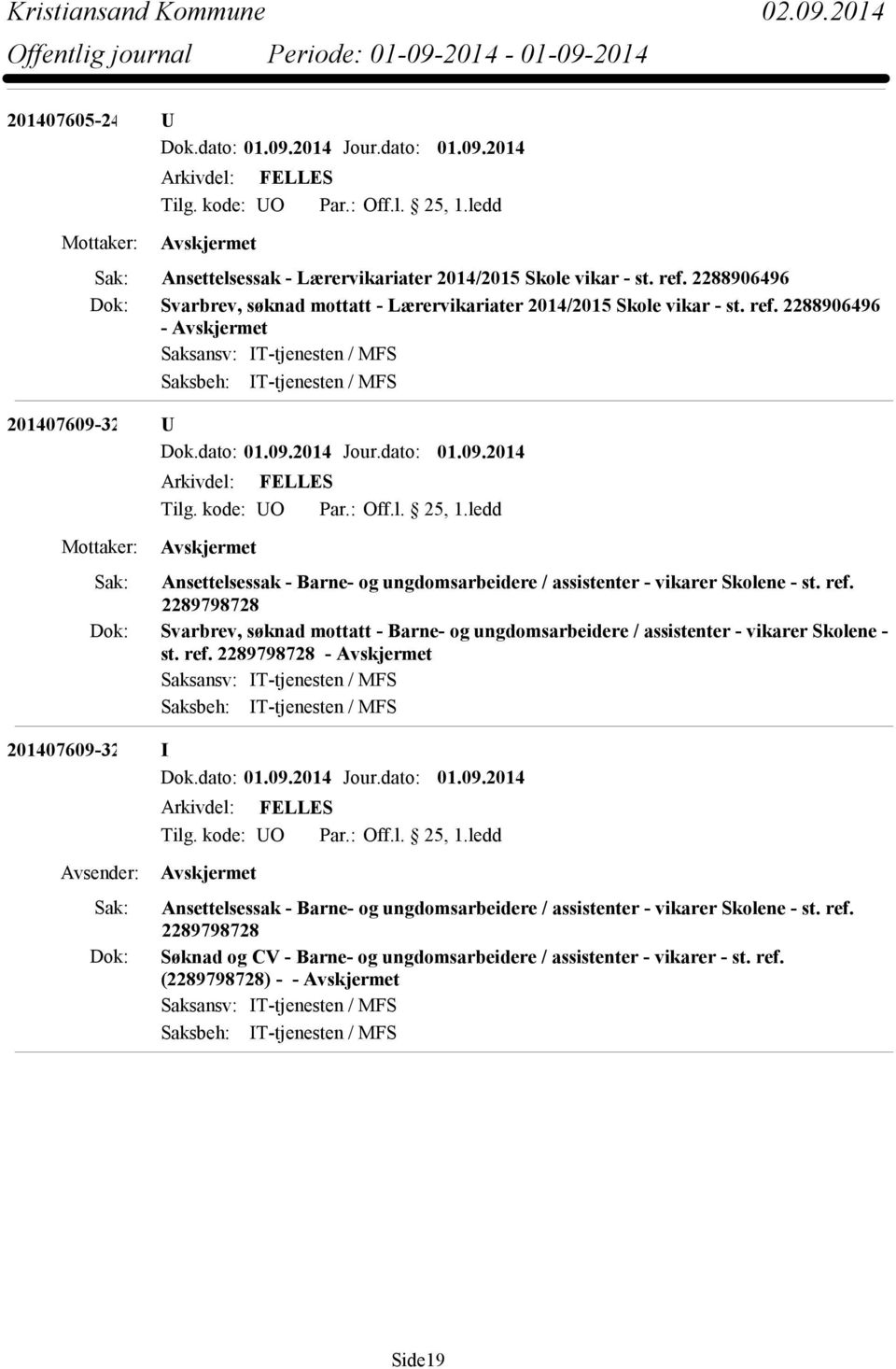 2288906496-201407609-328 U Ansettelsessak - Barne- og ungdomsarbeidere / assistenter - vikarer Skolene - st. ref.