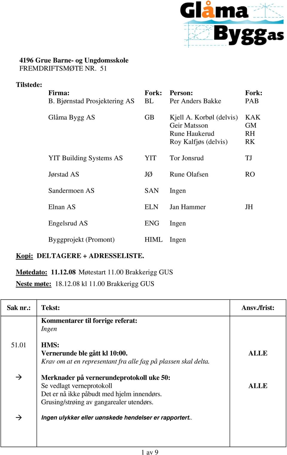 JH Engelsrud AS Byggprojekt (Promont) Kopi: DELTAGERE + ADRESSELISTE. ENG HIML Ingen Ingen Møtedato: 11.12.08 Møtestart 11.00 Brakkerigg GUS Neste møte: 18.12.08 kl 11.00 Brakkerigg GUS Sak nr.