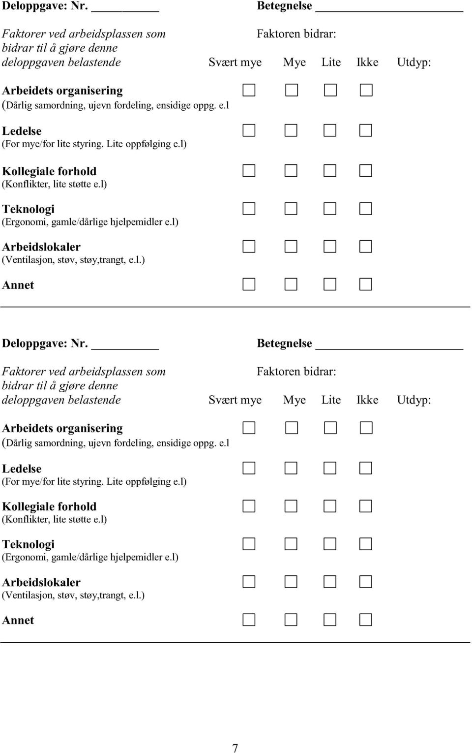 samordning,ujevnfordeling,ensidigeoppg.e.l Ledelse (For mye/forlite styring.lite oppfølginge.l) Kollegiale forhold (Konflikter, lite støttee.l) Teknologi (Ergonomi,gamle/dårligehjelpemidlere.