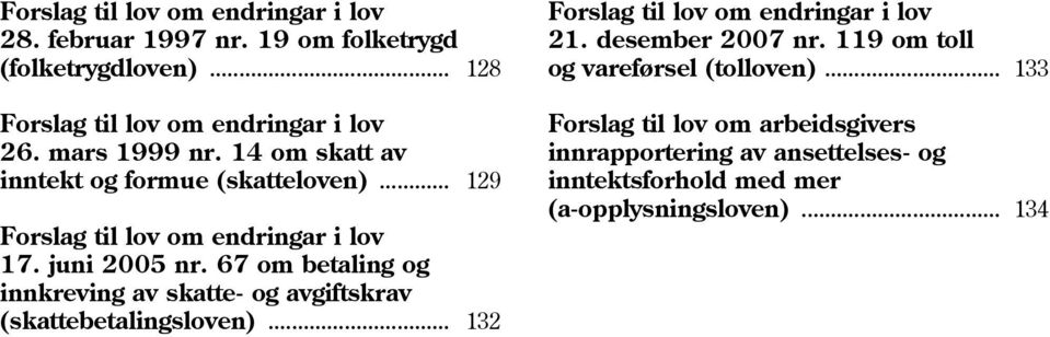 67 om betaling og innkreving av skatte- og avgiftskrav (skattebetalingsloven)... 132 Forslag til lov om endringar i lov 21. desember 2007 nr.