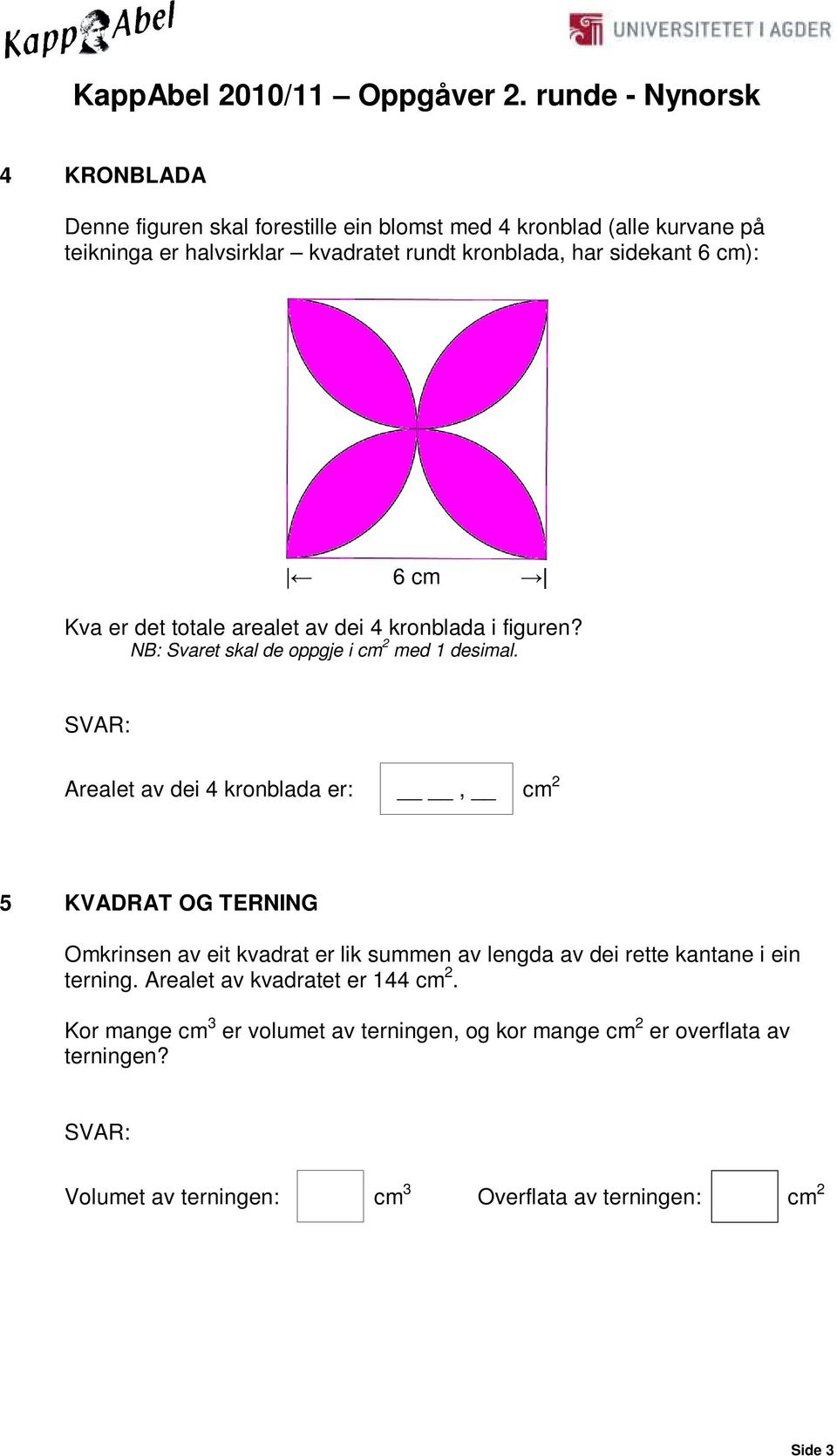 Arealet av dei 4 kronblada er:, cm 2 5 KVADRAT OG TERNING Omkrinsen av eit kvadrat er lik summen av lengda av dei rette kantane i ein terning.