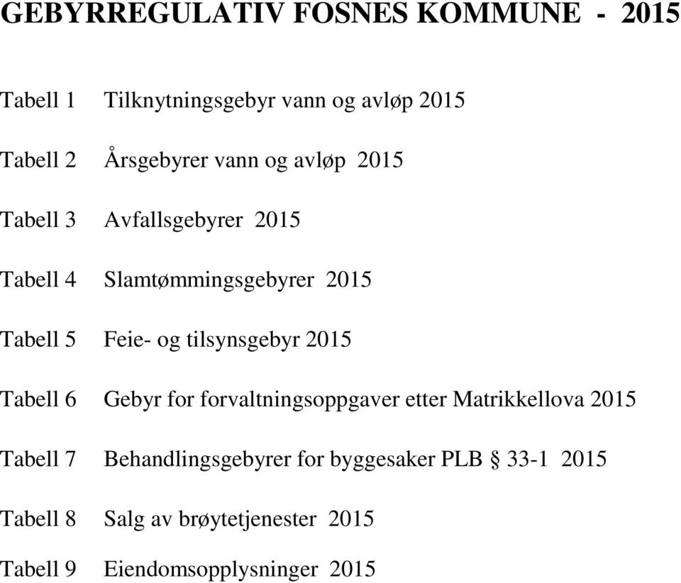 Tabell 6 Gebyr for forvaltningsoppgaver etter Matrikkellova 2015 Tabell 7 Behandlingsgebyrer