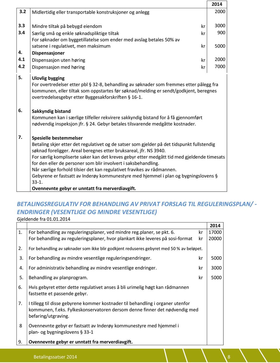 1 Dispensasjon uten høring kr 2000 4.2 Dispensasjon med høring kr 7000 5.