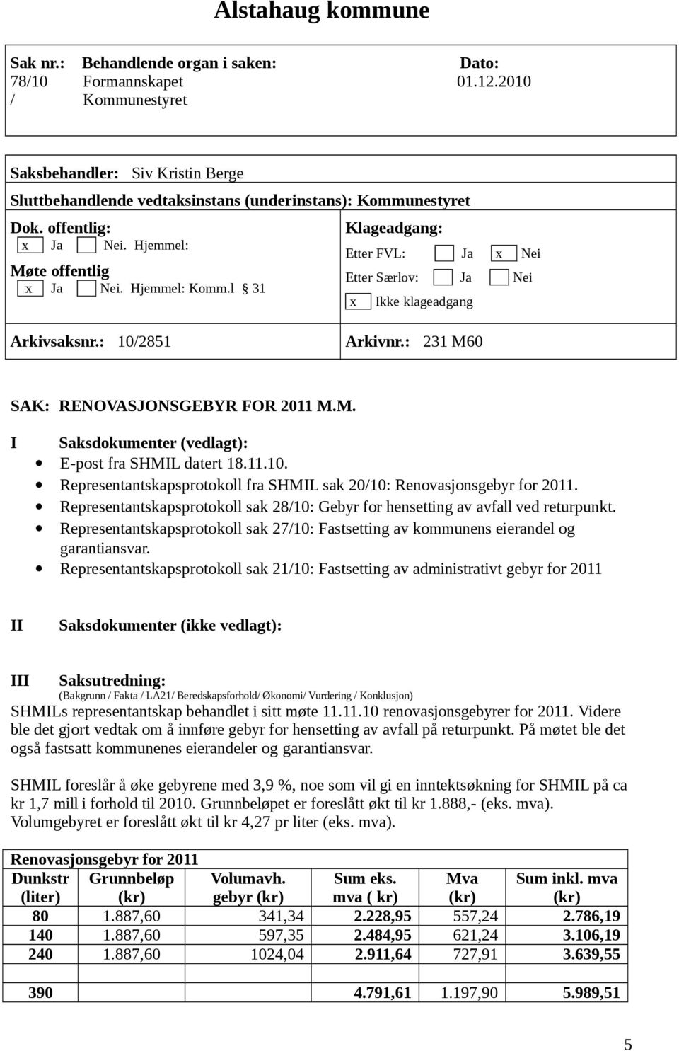 l 31 Klageadgang: Etter FVL: Ja x Nei Etter Særlov: Ja Nei x Ikke klageadgang Arkivsaksnr.: 10/2851 Arkivnr.: 231 M60 SAK: RENOVASJONSGEBYR FOR 2011 M.M. I Saksdokumenter (vedlagt): E-post fra SHMIL datert 18.