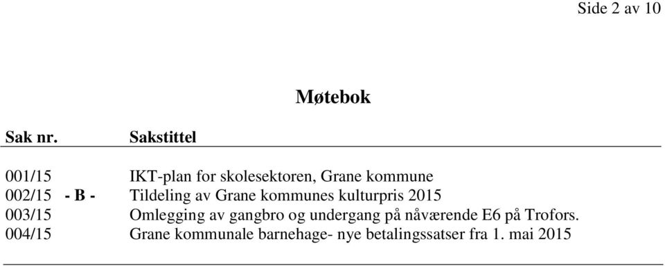 - Tildeling av Grane kommunes kulturpris 2015 003/15 Omlegging av