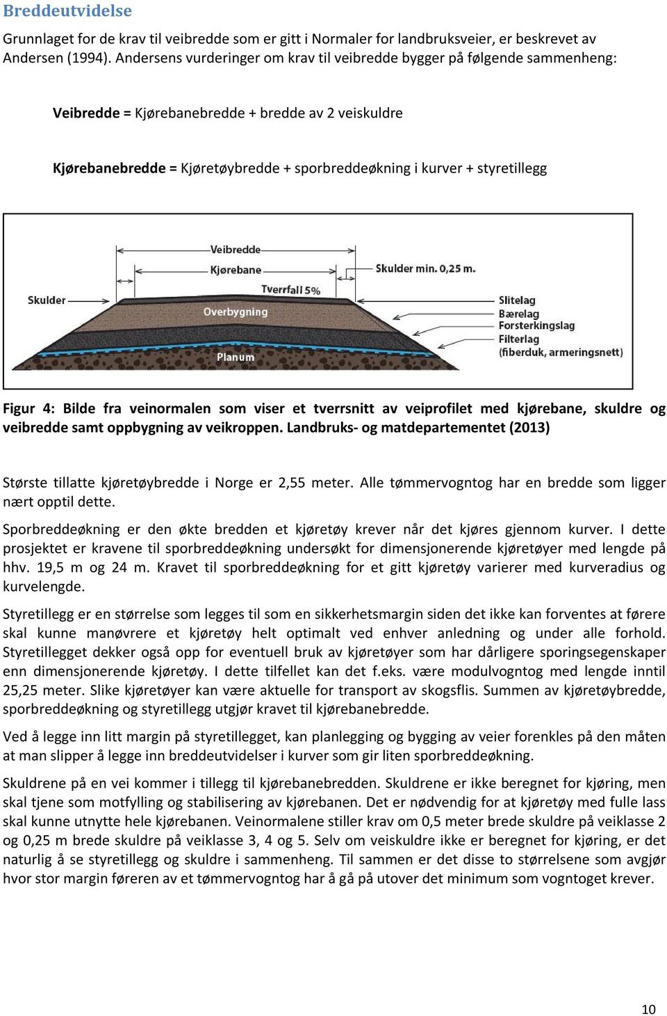 styretillegg Figur 4: Bilde fra veinormalen som viser et tverrsnitt av veiprofilet med kjørebane, skuldre og veibredde samt oppbygning av veikroppen.