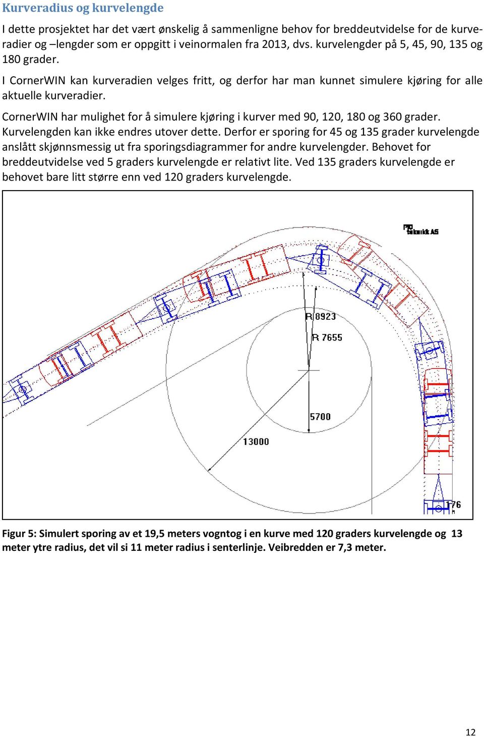 CornerWIN har mulighet for å simulere kjøring i kurver med 90, 120, 180 og 360 grader. Kurvelengden kan ikke endres utover dette.