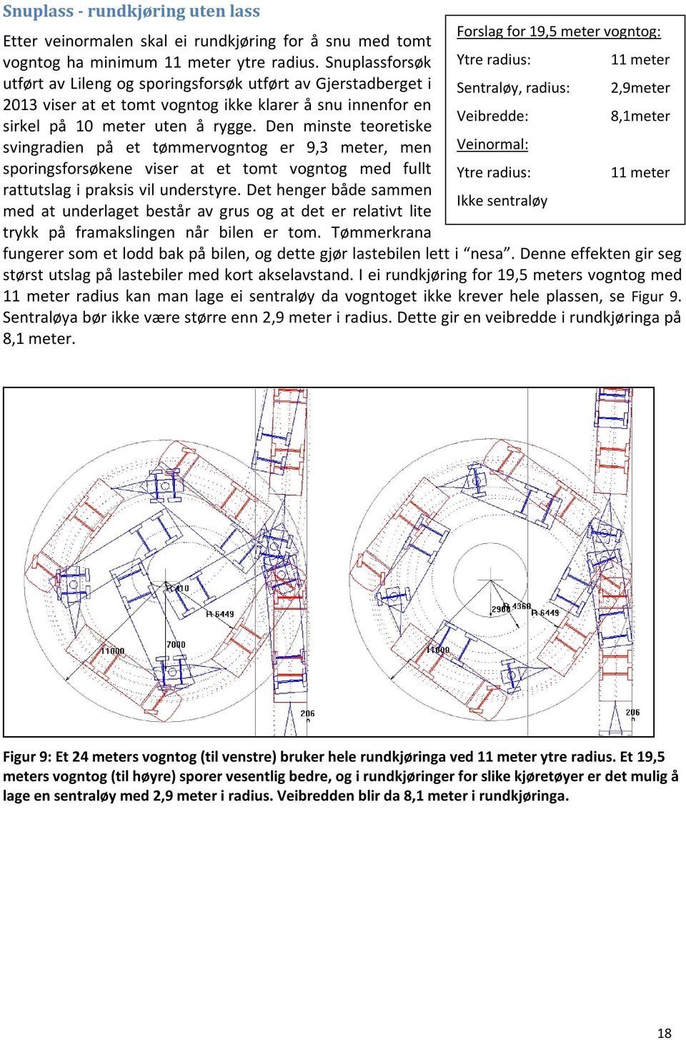 Den minste teoretiske svingradien på et tømmervogntog er 9,3 meter, men sporingsforsøkene viser at et tomt vogntog med fullt rattutslag i praksis vil understyre.