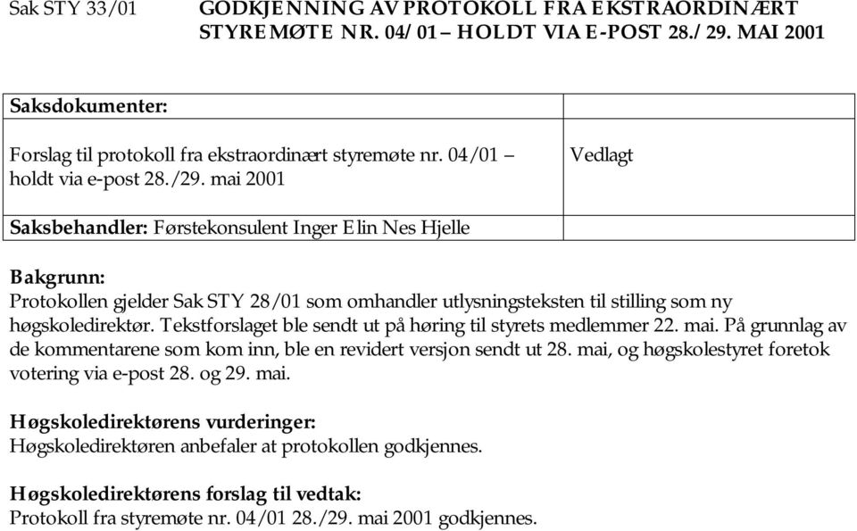 mai 2001 Vedlagt Saksbehandler: Førstekonsulent Inger Elin Nes Hjelle Bakgrunn: Protokollen gjelder Sak STY 28/01 som omhandler utlysningsteksten til stilling som ny høgskoledirektør.