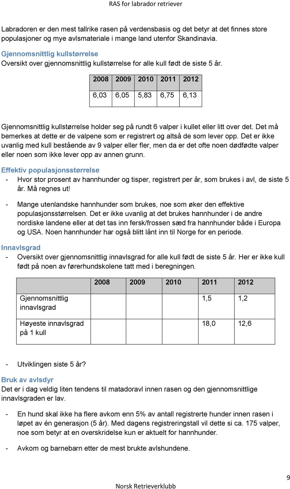 2008 2009 2010 2011 2012 6,03 6,05 5,83 6,75 6,13 Gjennomsnittlig kullstørrelse holder seg på rundt 6 valper i kullet eller litt over det.