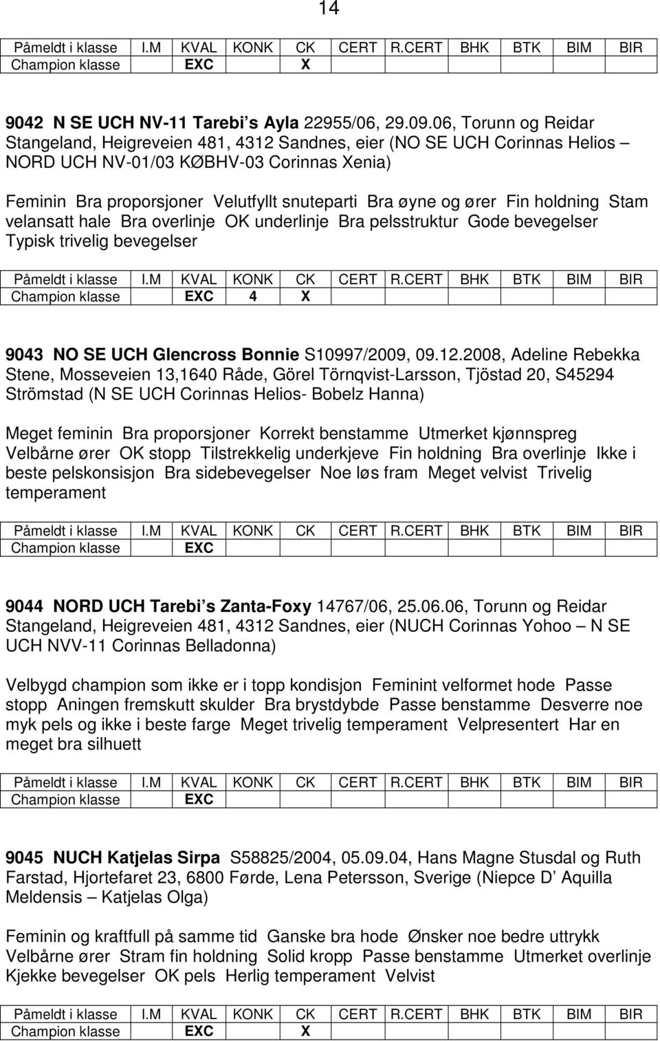 ører Fin holdning Stam velansatt hale Bra overlinje OK underlinje Bra pelsstruktur Gode bevegelser Typisk trivelig bevegelser Champion klasse EXC 4 X 9043 NO SE UCH Glencross Bonnie S10997/2009, 09.