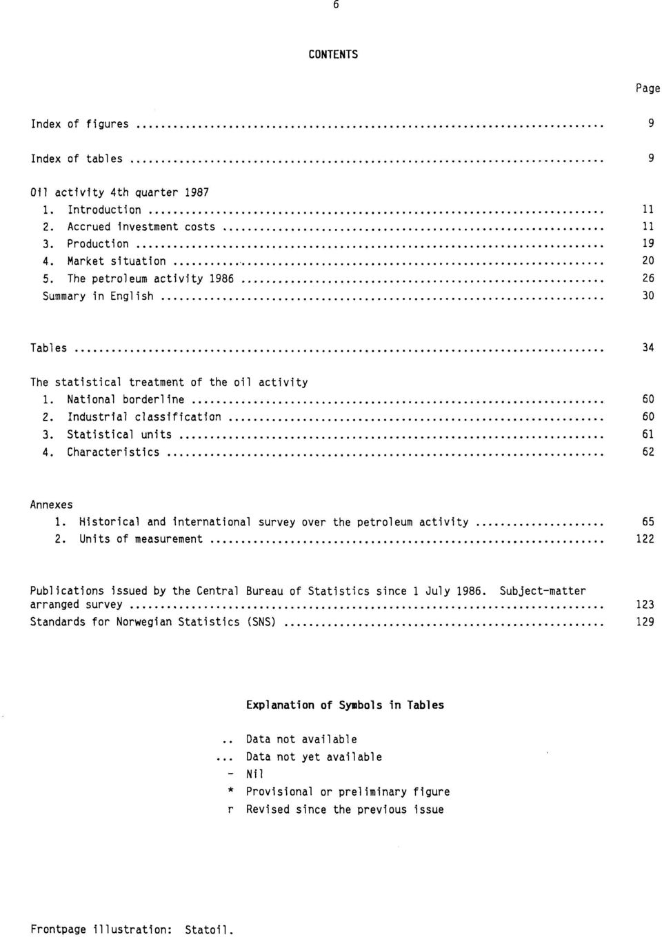 Characteristics 62 Annexes 1. Historical and international survey over the petroleum activity 65 2. Units of measurement 122 Publications issued by the Central Bureau of Statistics since 1 July 1986.