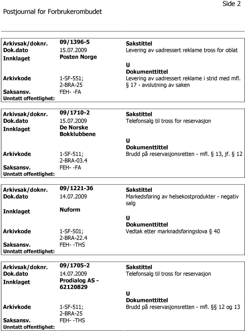 4 Brudd på reservasjonsretten - mfl. 13, jf. 12 FEH- -FA Arkivsak/doknr. 09/1221-36 Sakstittel Dok.dato 14.07.