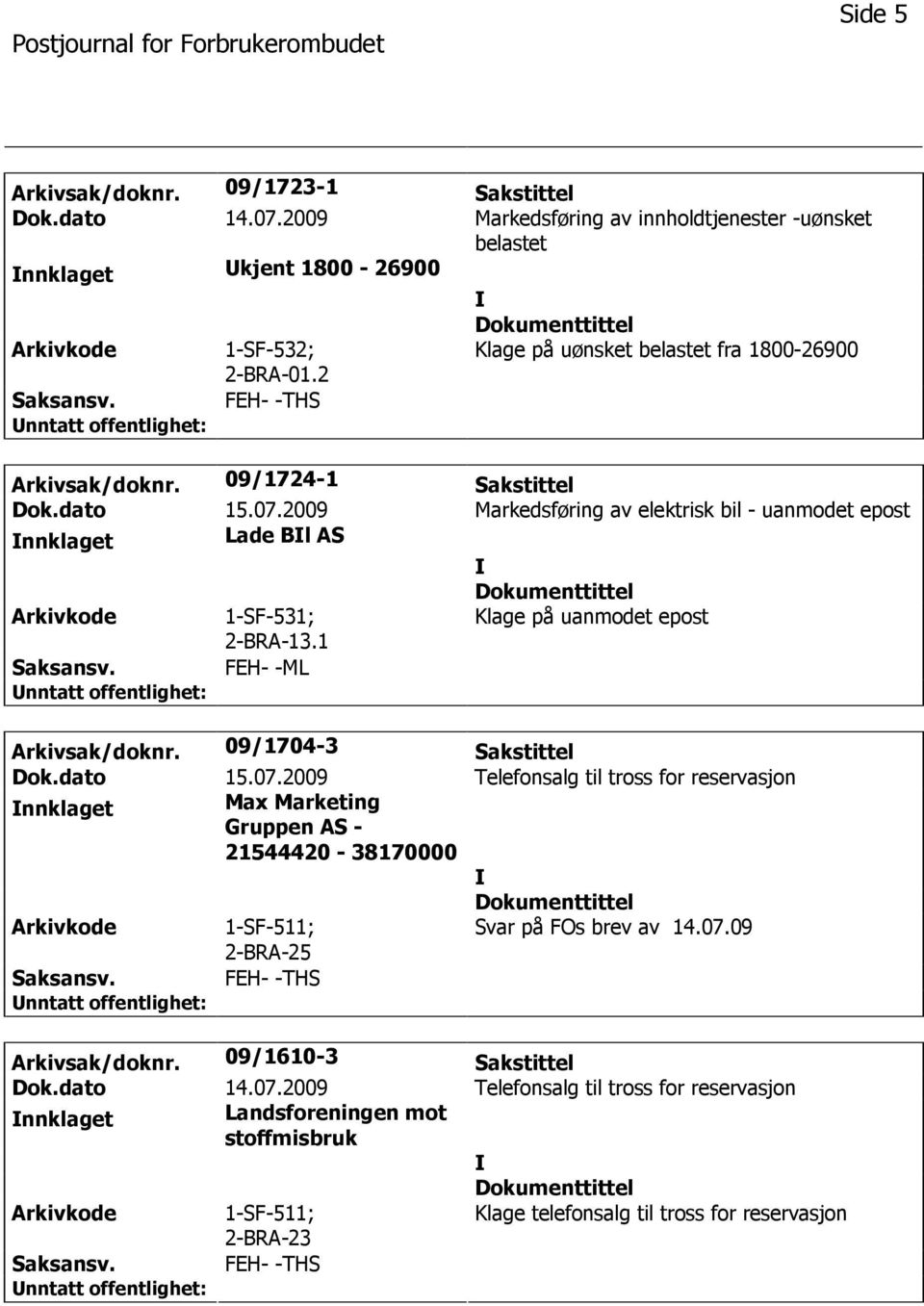 2009 Markedsføring av elektrisk bil - uanmodet epost nnklaget Lade Bl AS 1-SF-531; 2-BRA-13.1 Klage på uanmodet epost FEH- -ML Arkivsak/doknr. 09/1704-3 Sakstittel Dok.dato 15.07.