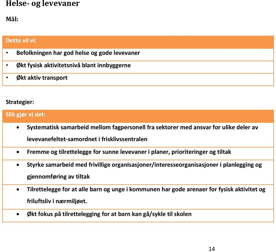 for sunne levevaner i planer, prioriteringer og tiltak Styrke samarbeid med frivillige organisasjoner/interesseorganisasjoner i planlegging og gjennomføring av tiltak