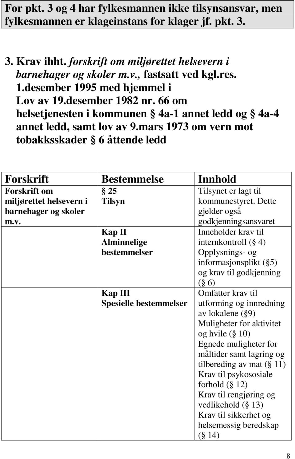 mars 1973 om vern mot tobakksskader 6 åttende ledd Forskrift Bestemmelse Innhold Forskrift om miljørettet helsevern i barnehager og skoler m.v. 25 Tilsyn Kap II Alminnelige bestemmelser Kap III Spesielle bestemmelser Tilsynet er lagt til kommunestyret.