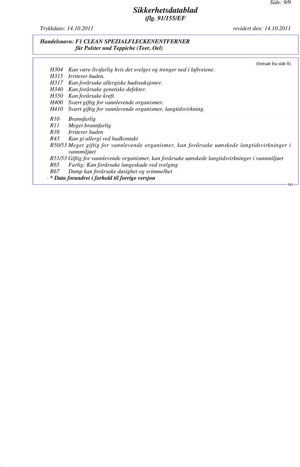 (fortsatt fra side 8) R10 Brannfarlig R11 Meget brannfarlig R38 Irriterer huden R43 Kan gi allergi ved hudkontakt R50/53 Meget giftig for vannlevende organismer, kan forårsake uønskede