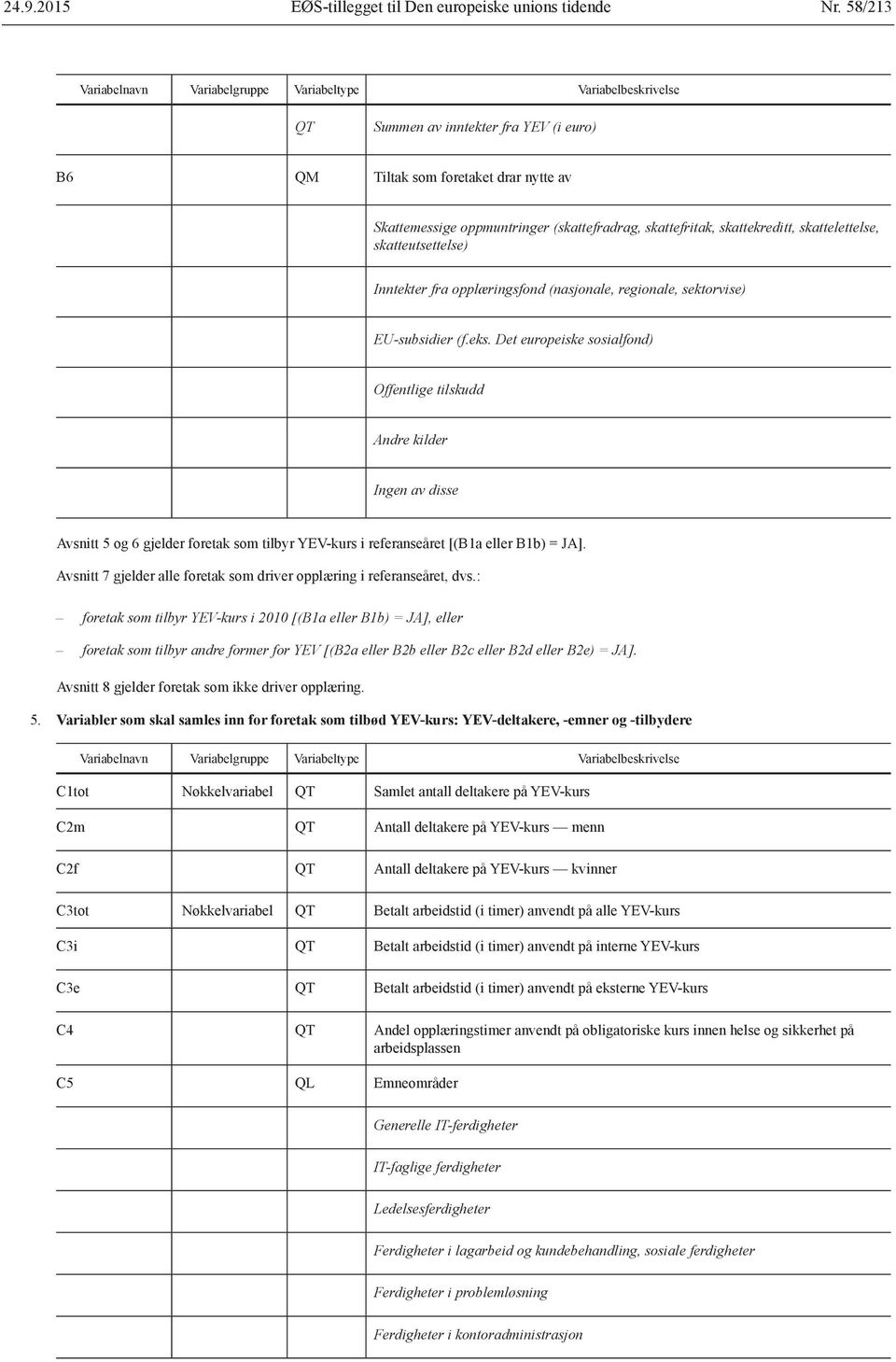 Det europeiske sosialfond) Offentlige tilskudd Andre kilder Ingen av disse Avsnitt 5 og 6 gjelder foretak som tilbyr YEV-kurs i referanseåret [(B1a eller B1b) = JA].