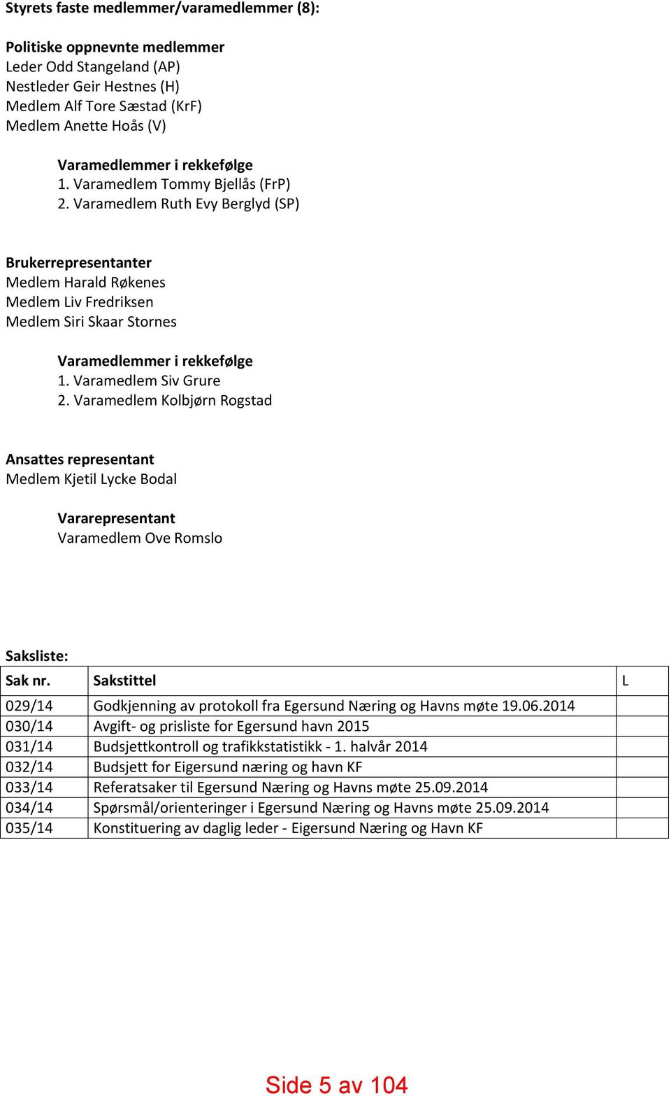 Varamedlem Ruth Evy Berglyd (SP) Brukerrepresentanter Medlem Harald Røkenes Medlem Liv Fredriksen Medlem Siri Skaar Stornes Varamedlemmer i rekkefølge 1. Varamedlem Siv Grure 2.