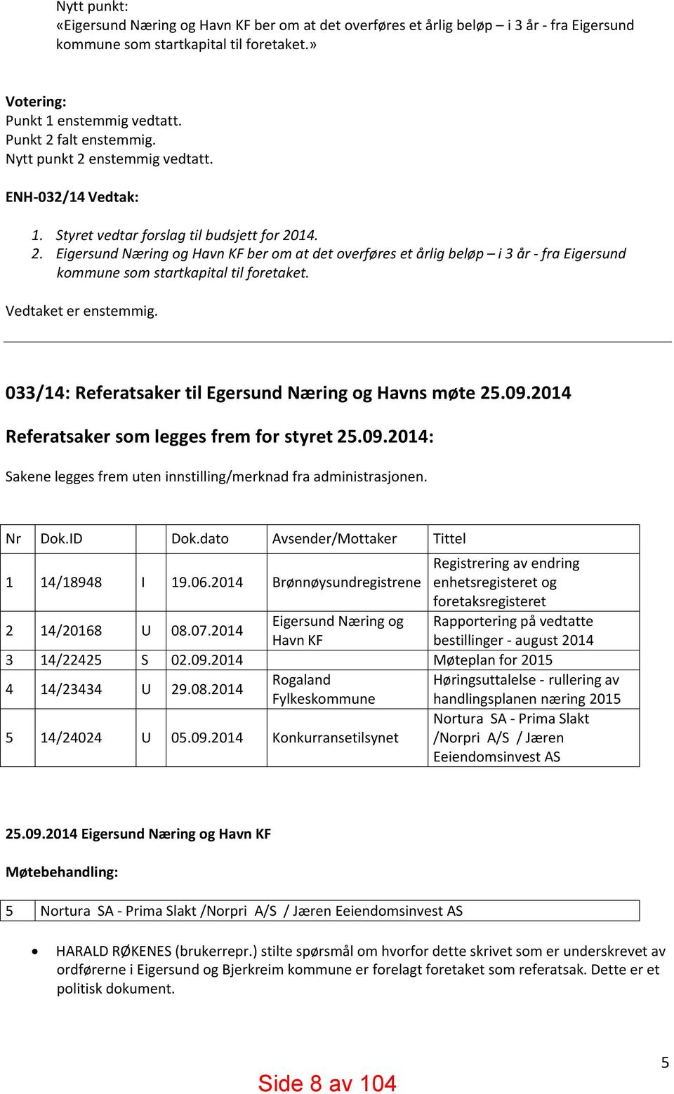 Vedtaket er enstemmig. 33/14: Referatsaker til Egersund Næring og Havns møte 25.9.214 Referatsaker som legges frem for styret 25.9.214: Sakene legges frem uten innstilling/merknad fra administrasjonen.