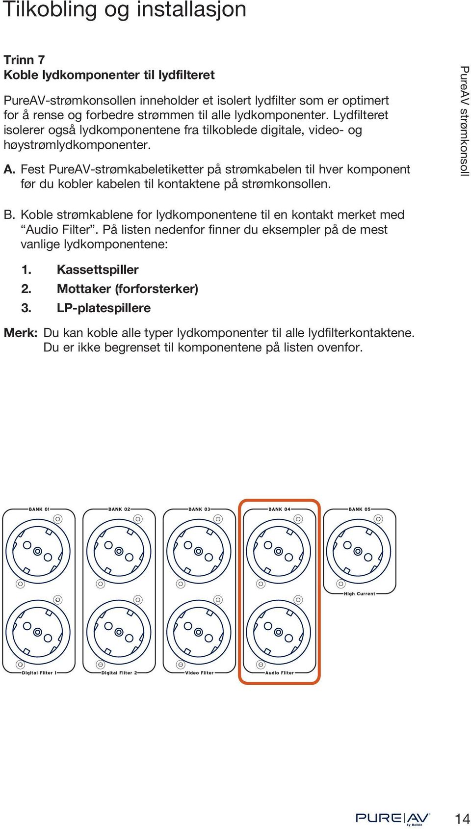 Fest PureAV-strømkabeletiketter på strømkabelen til hver komponent før du kobler kabelen til kontaktene på strømkonsollen. B.