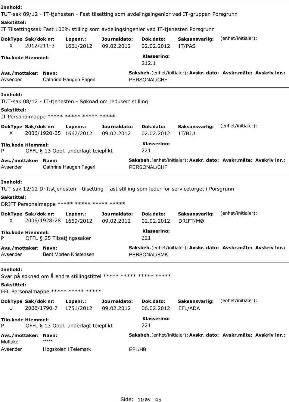 : ERONAL/CHF TT-sak 08/12 - T-tjenesten - øknad om redusert stilling T ersonalmappe ***** ***** ***** ***** 2006/1920-35 1667/2012 02.02.2012 T/BJ Cathrine Haugen Fagerli aksbeh. Avskr. dato: Avskr.