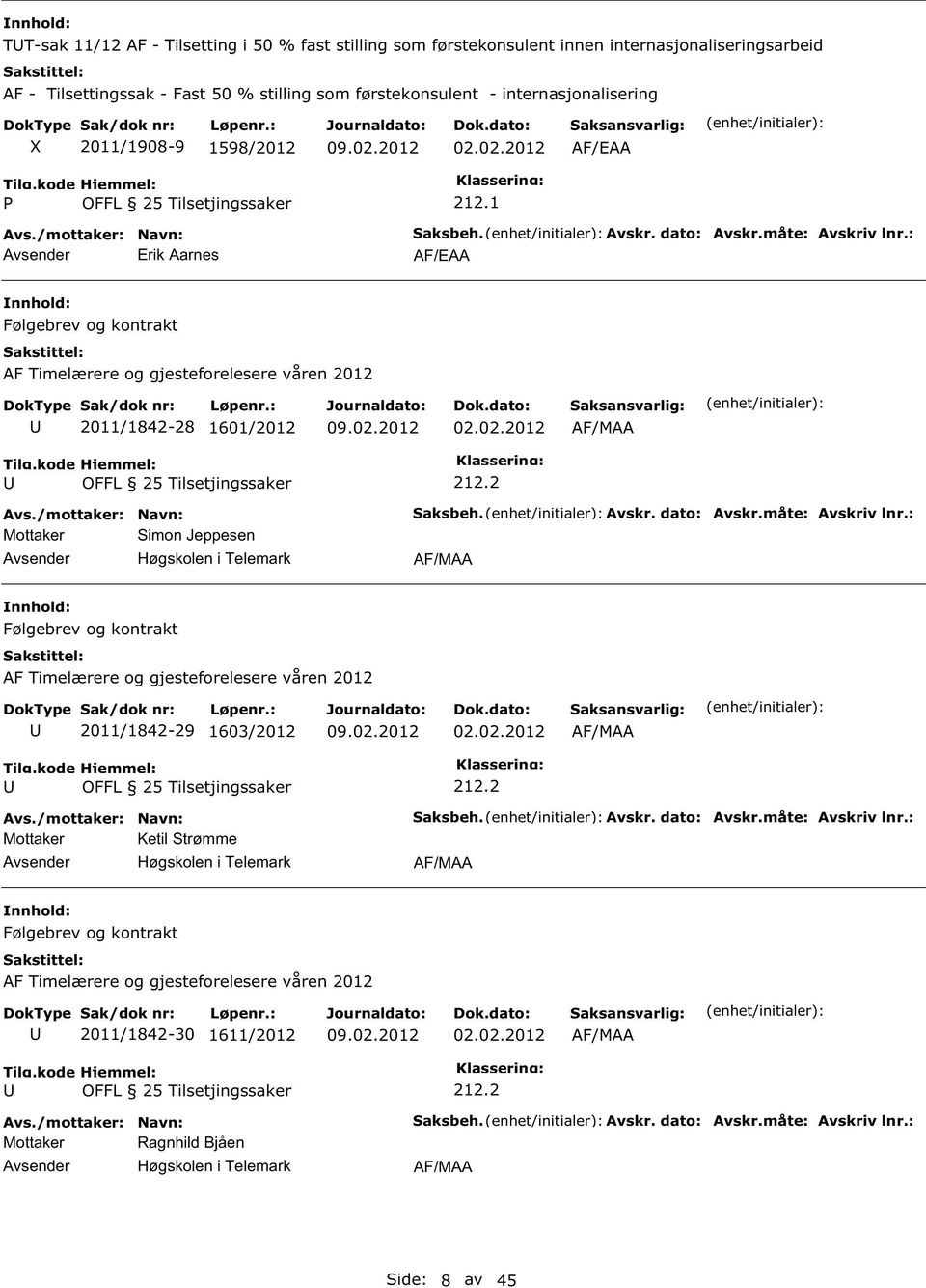 2 Mottaker imon Jeppesen aksbeh. Avskr. dato: Avskr.måte: Avskriv lnr.: AF/MAA Følgebrev og kontrakt AF Timelærere og gjesteforelesere våren 2012 2011/1842-29 1603/2012 02.02.2012 AF/MAA 212.