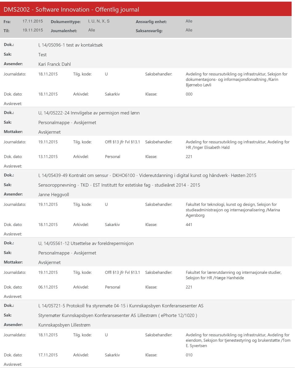 2015 Personal I, 14/05439-49 Kontrakt om sensur - DKHO6100 - Videreutdanning i digital kunst og håndverk- Høsten 2015 Sensoroppnevning - TKD - EST Institutt for estetiske fag - studieåret 2014-2015