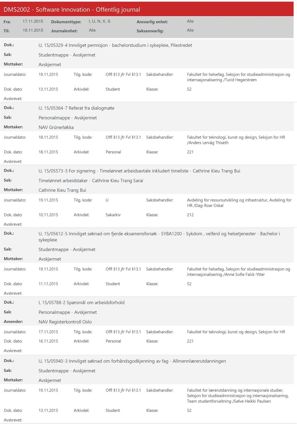 2015 Personal, 15/05573-3 For signering - Timelønnet arbeidsavtale inkludert timeliste - Cathrine Kieu Trang Bui Timelønnet arbeidstaker - Cathrine Kieu Trang Sarai Cathrine Kieu Trang Bui HR