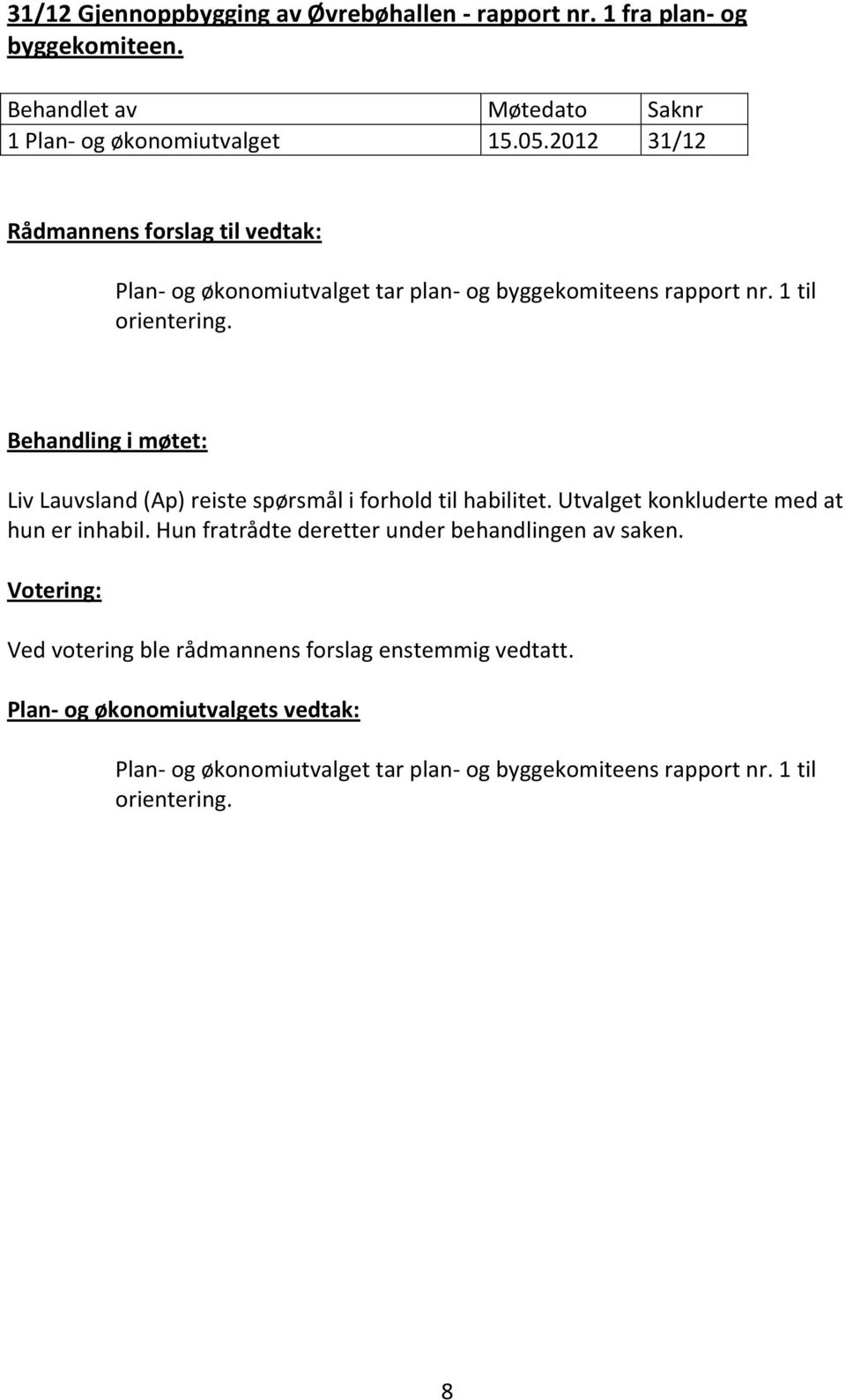 Behandling i møtet: Liv Lauvsland (Ap) reiste spørsmål i forhold til habilitet. Utvalget konkluderte med at hun er inhabil.