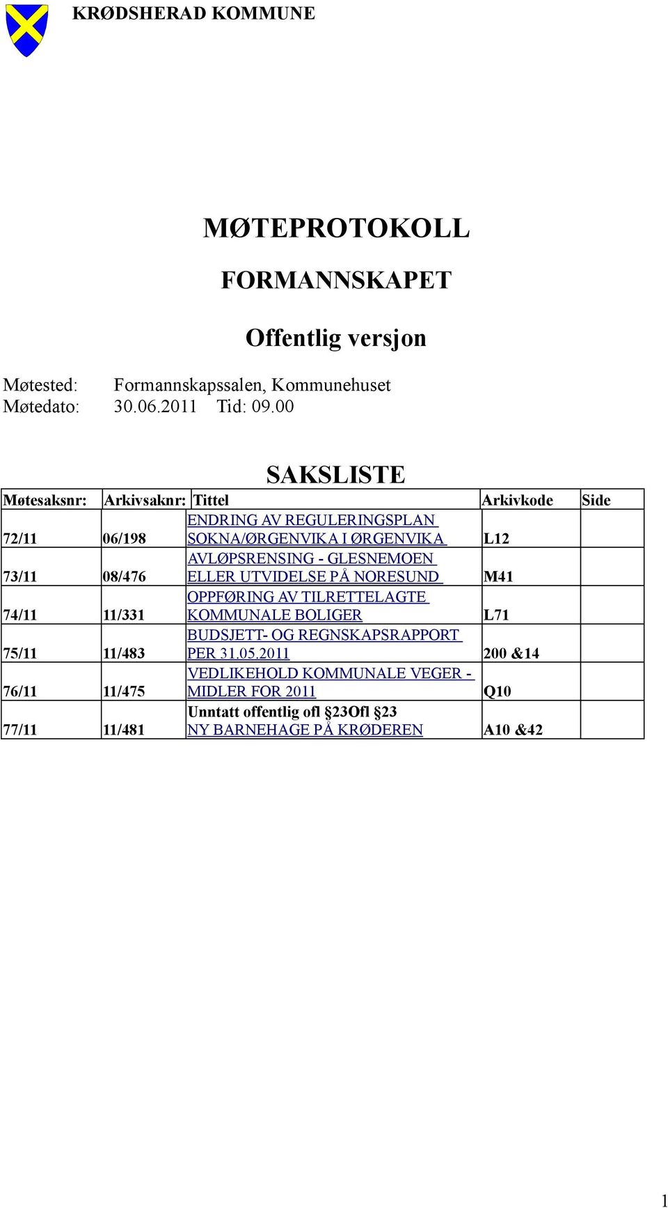 AVLØPSRENSING - GLESNEMOEN ELLER UTVIDELSE PÅ NORESUND M41 74/11 11/331 OPPFØRING AV TILRETTELAGTE KOMMUNALE BOLIGER L71 75/11 11/483 BUDSJETT- OG