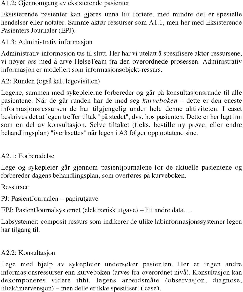 Her har vi utelatt å spesifisere aktør-ressursene, vi nøyer oss med å arve HelseTeam fra den overordnede prosessen. Administrativ informasjon er modellert som informasjonsobjekt-ressurs.