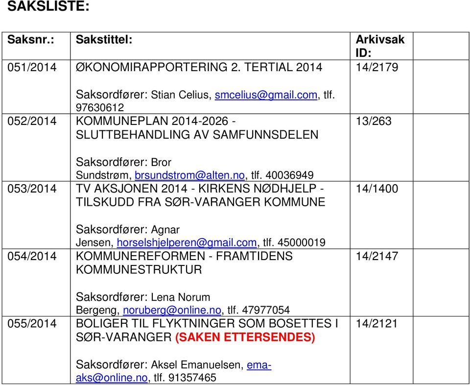 40036949 053/2014 TV AKSJONEN 2014 - KIRKENS NØDHJELP - TILSKUDD FRA SØR-VARANGER KOMMUNE Saksordfører: Agnar Jensen, horselshjelperen@gmail.com, tlf.