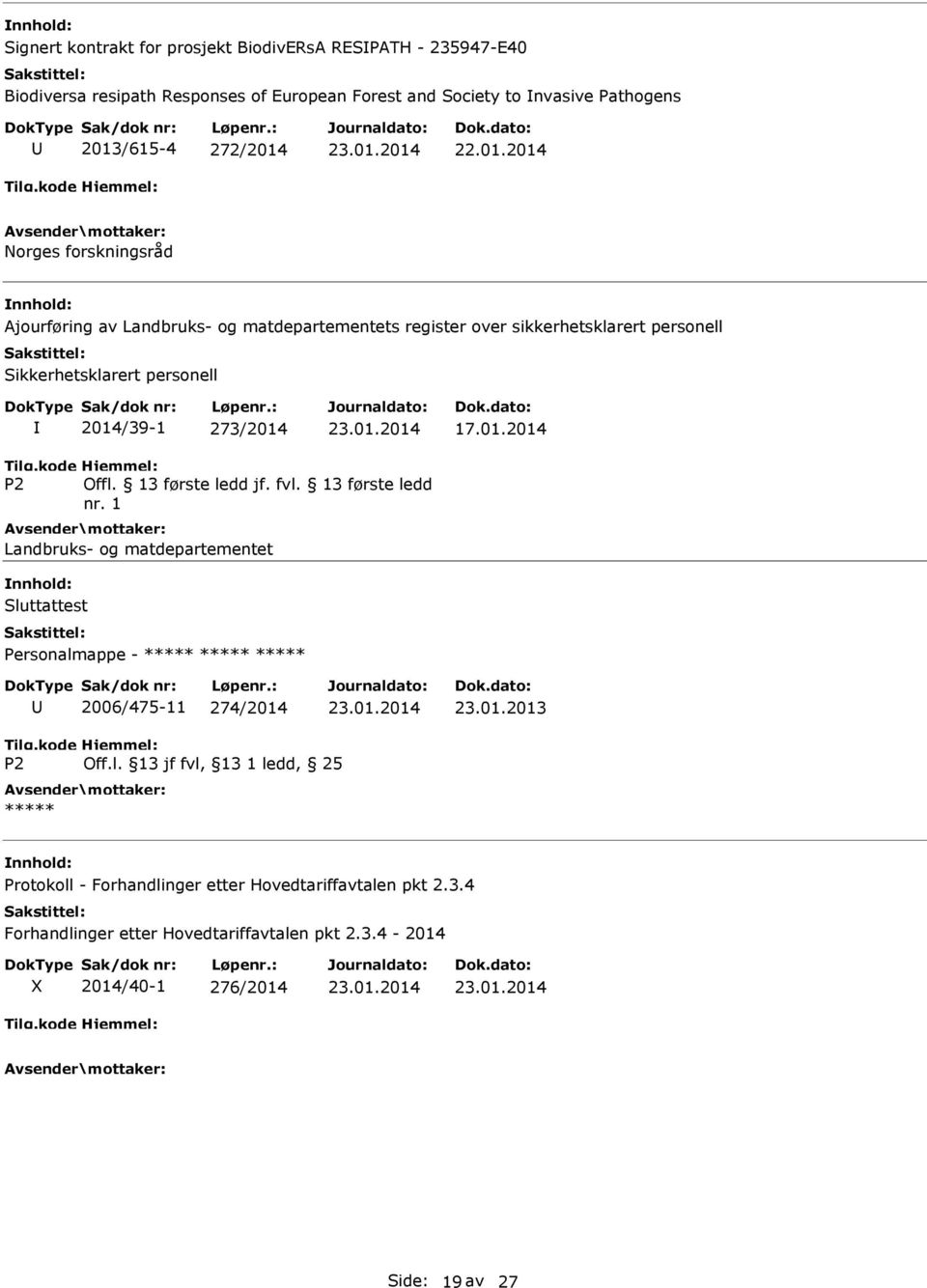 13 første ledd jf. fvl. 13 første ledd nr. 1 Landbruks- og matdepartementet Sluttattest Personalmappe - 2006/475-11 274/2014 23.01.2013 P2 Off.l. 13 jf fvl, 13 1 ledd, 25 Protokoll - Forhandlinger etter Hovedtariffavtalen pkt 2.