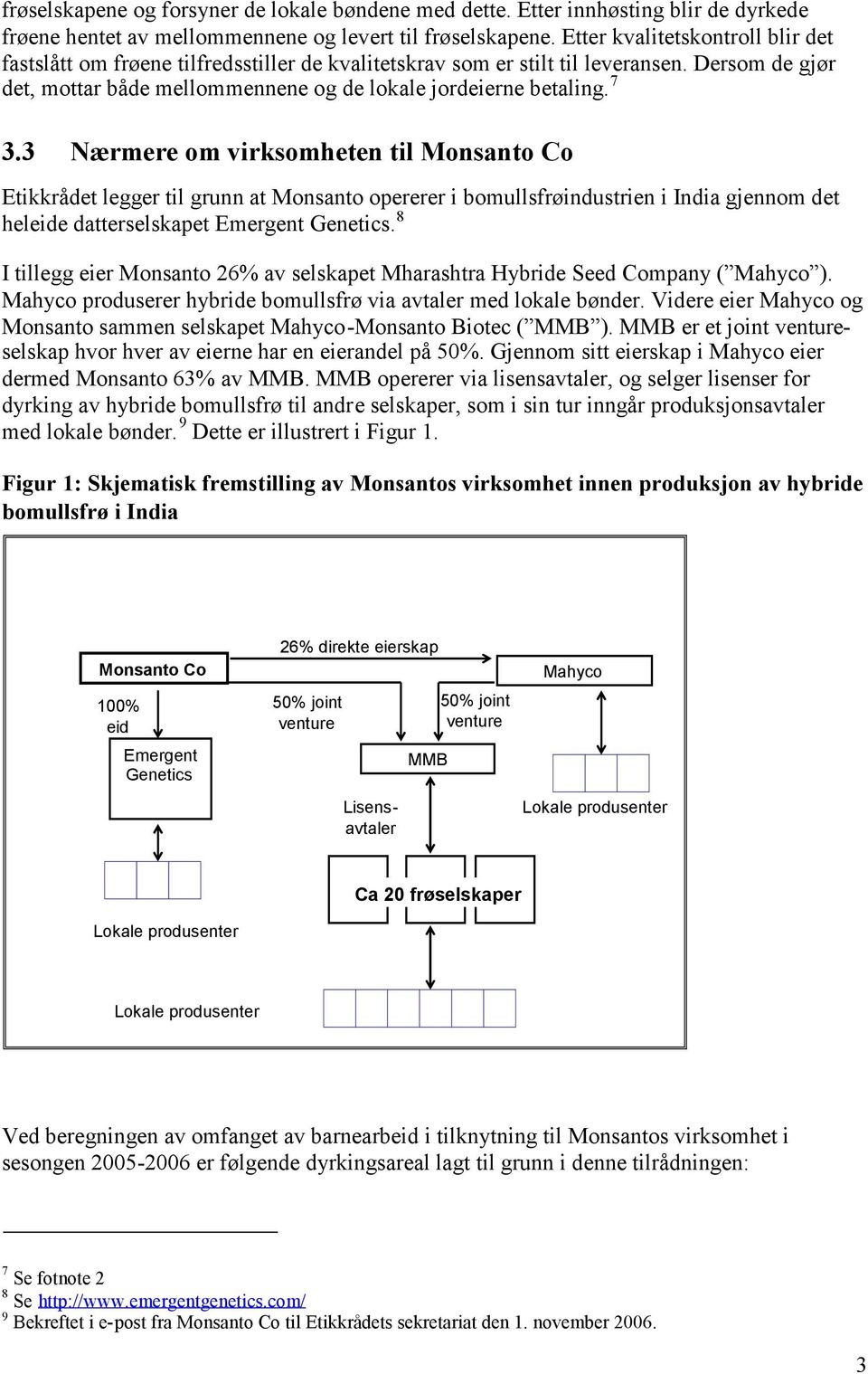 3 Nærmere om virksomheten til Monsanto Co Etikkrådet legger til grunn at Monsanto opererer i bomullsfrøindustrien i India gjennom det heleide datterselskapet Emergent Genetics.