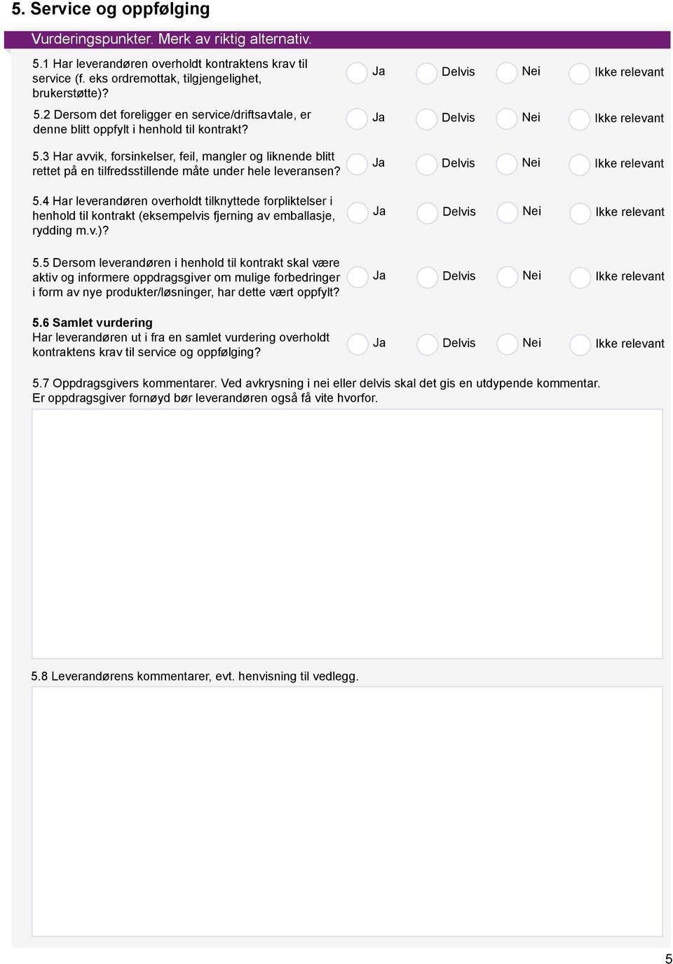 4 Har leverandøren overholdt tilknyttede forpliktelser i henhold til kontrakt (eksempelvis fjerning av emballasje, rydding m.v.)? 5.