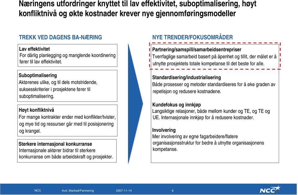 Høyt konfliktnivå For mange kontrakter ender med konflikter/tvister, og mye tid og ressurser går med til posisjonering og krangel.