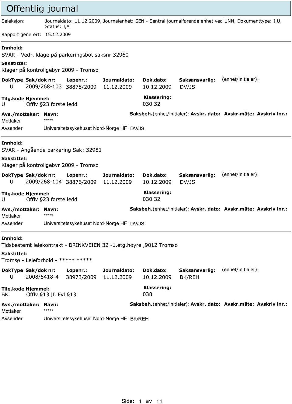 32 niversitetssykehuset Nord-Norge HF DV/JS SVAR - Angående parkering Sak: 32981 Klager på kontrollgebyr 2009 - Tromsø 2009/268-104 38876/2009 DV/JS Offlv 23 første ledd