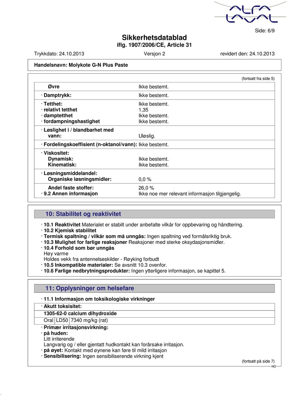 2 Annen informasjon Ikke noe mer relevant informasjon tilgjengelig. (fortsatt fra side 5) 10: Stabilitet og reaktivitet 10.