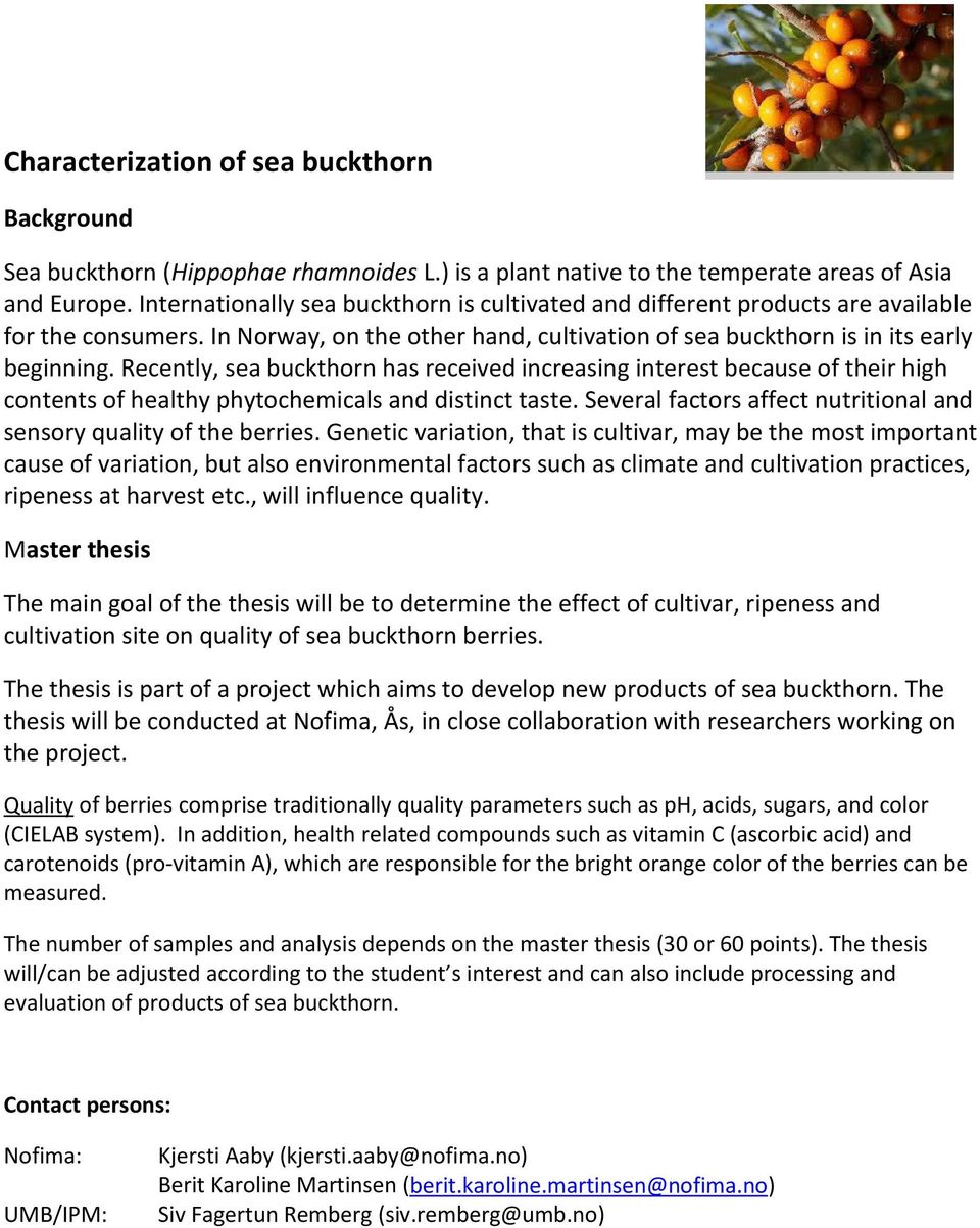 Recently, sea buckthorn has received increasing interest because of their high contents of healthy phytochemicals and distinct taste.