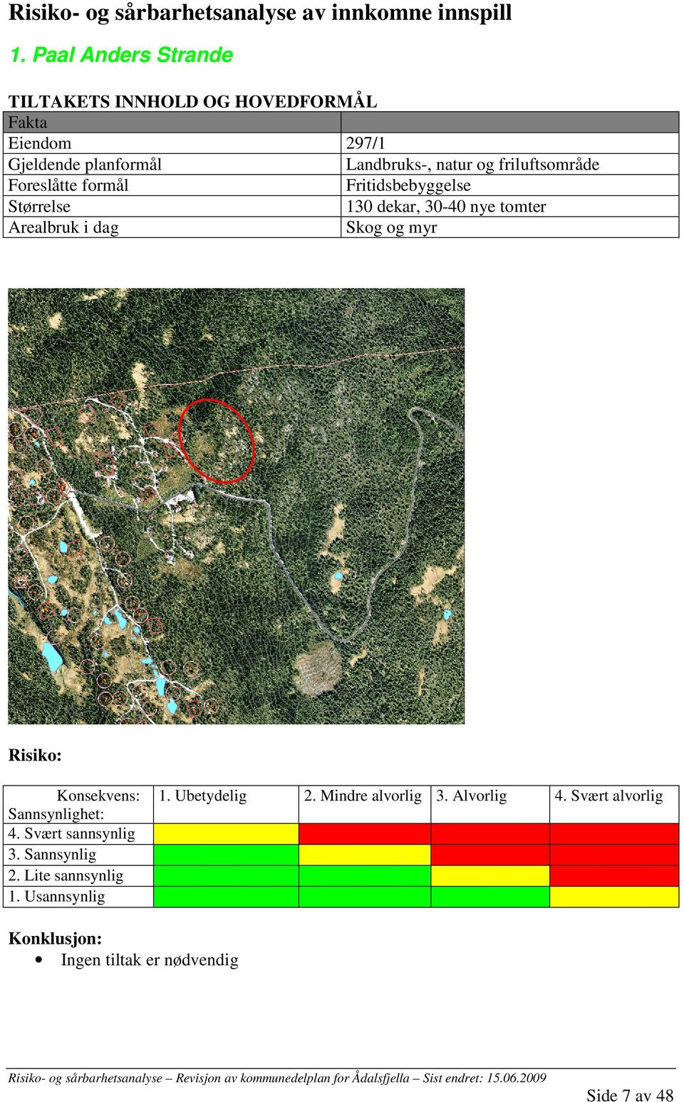 friluftsområde Foreslåtte formål Fritidsbebyggelse Størrelse 130 dekar, 30-40 nye tomter Arealbruk i dag Skog og myr Risiko: