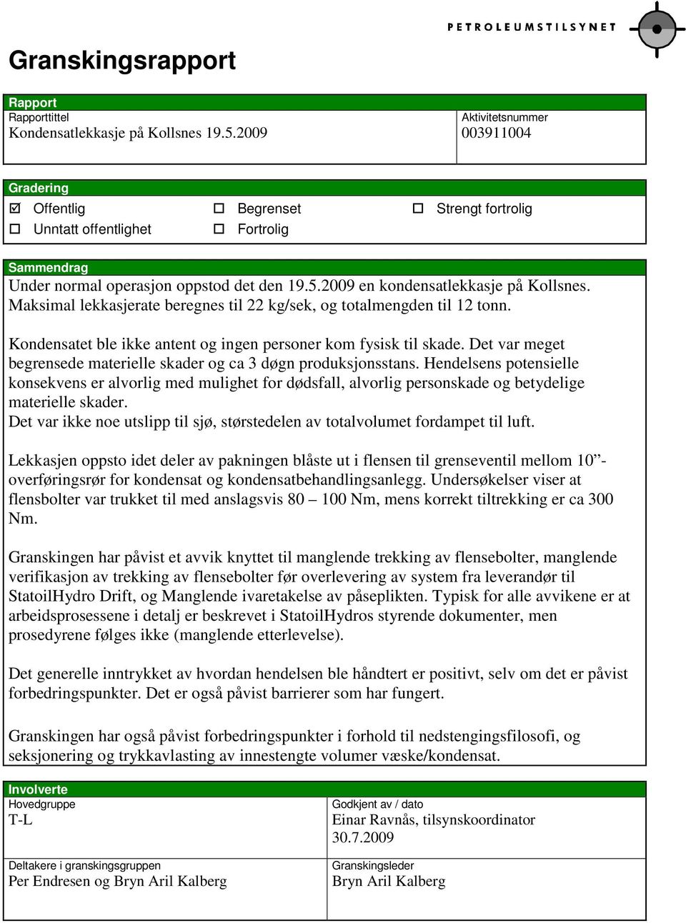 Maksimal lekkasjerate beregnes til 22 kg/sek, og totalmengden til 12 tonn. Kondensatet ble ikke antent og ingen personer kom fysisk til skade.