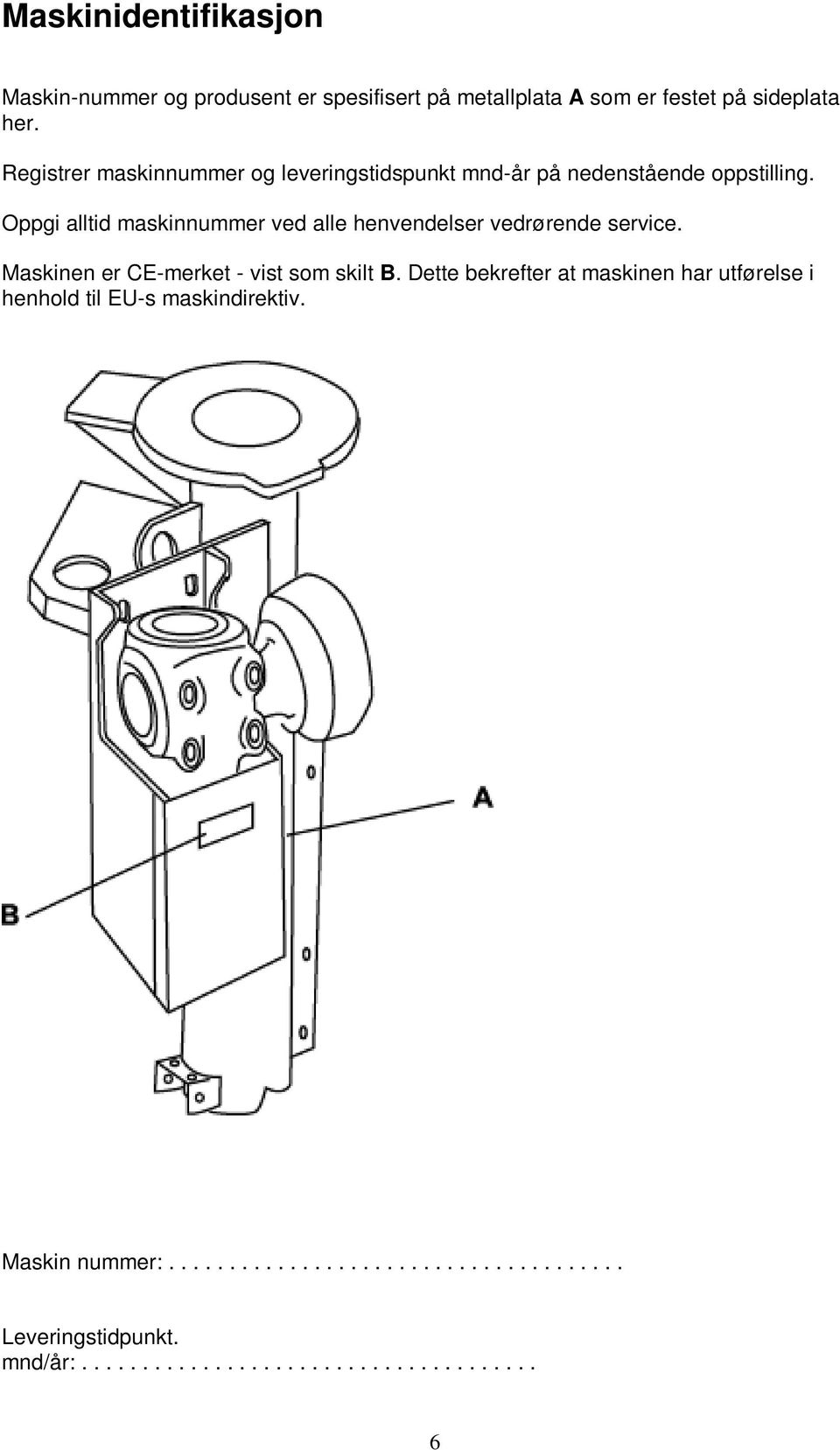 Oppgi alltid maskinnummer ved alle henvendelser vedrørende service. Maskinen er CE-merket - vist som skilt B.