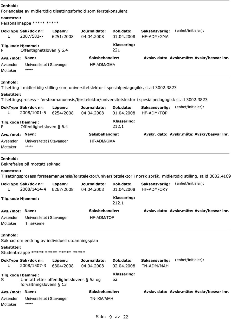 3823 Tilsettingsprosess - førsteamanuensis/førstelektor/universitetslektor i spesialpedagogikk st.id 3002.3823 2008/1001-5 6254/2008 HF-ADM/TOP P Offentlighetsloven 6.4 212.