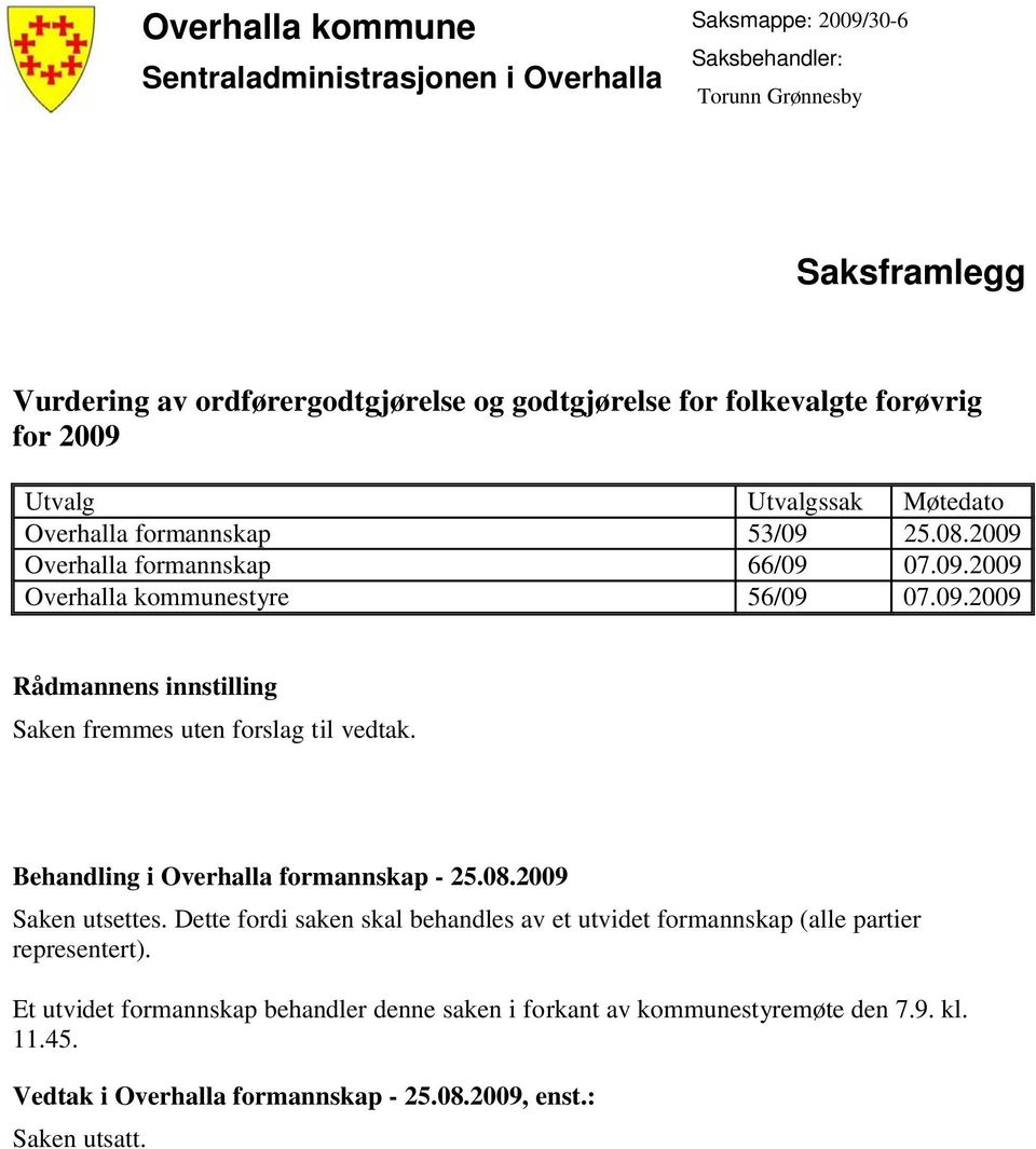 Behandling i Overhalla formannskap - 25.08.2009 Saken utsettes. Dette fordi saken skal behandles av et utvidet formannskap (alle partier representert).