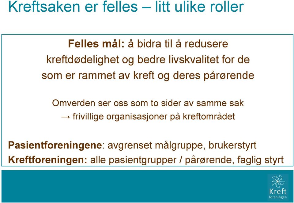 som to sider av samme sak frivillige organisasjoner på kreftområdet Pasientforeningene: