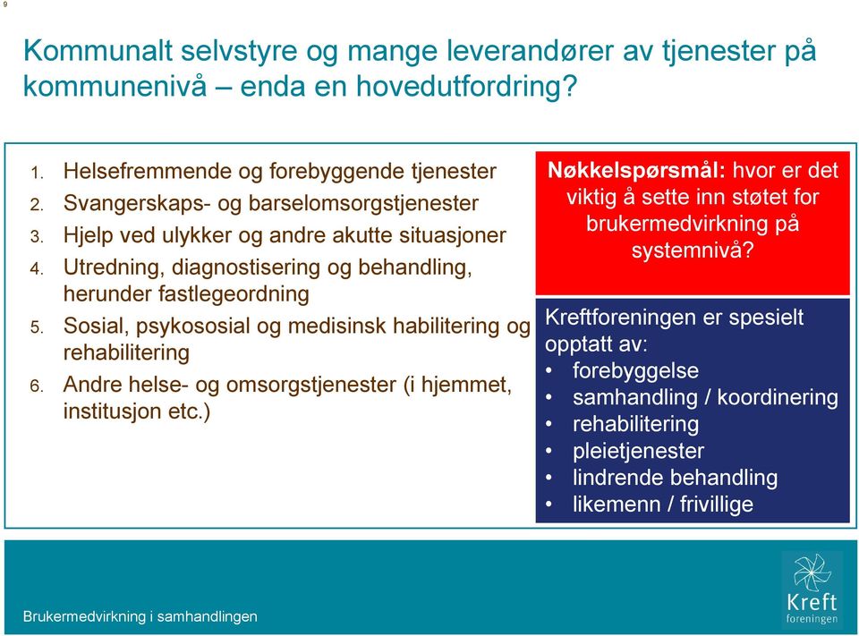 Sosial, psykososial og medisinsk habilitering og rehabilitering 6. Andre helse- og omsorgstjenester (i hjemmet, institusjon etc.