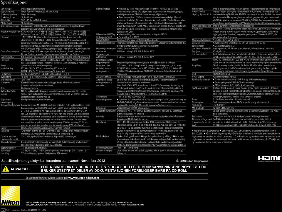 Bildestørrelse (piksler) FX-format (36 24): 4 928 3 280 [L], 3 696 2 456 [M], 2 464 1 640 [S] DX-format (24 16): 3 200 2 128 [L], 2 400 1 592 [M], 1 600 1 064 [S] Filformat NEF (RAW): 12- eller